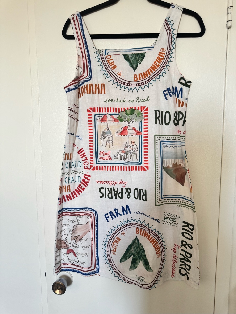 Girls White Printed Tank Dress with Multicolor Travel Motifs